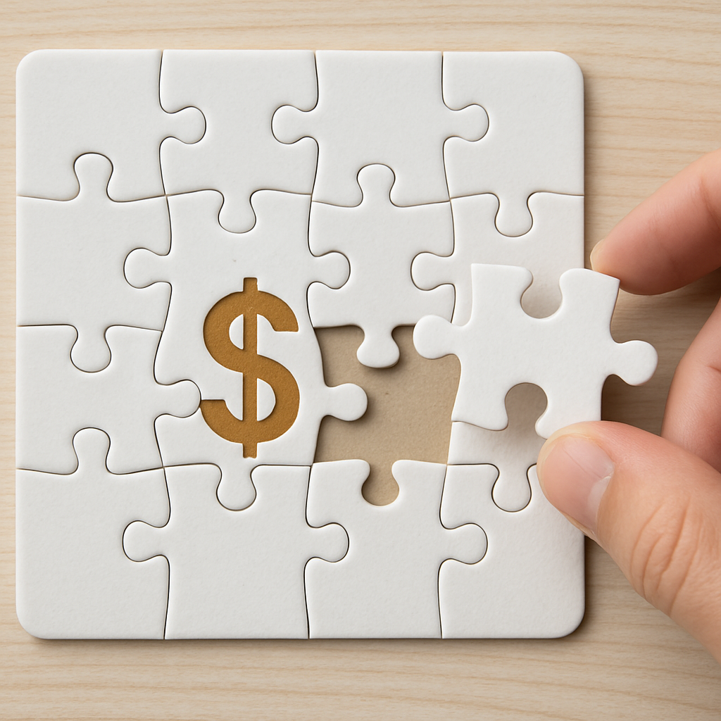 Show adding a piece to a puzzle with a dollar sign-3