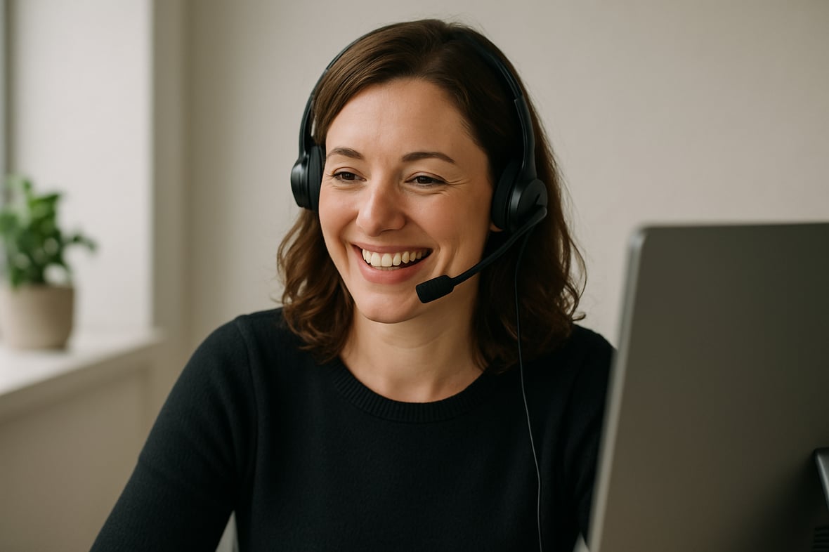 Woman on computer with phone head set smiling
